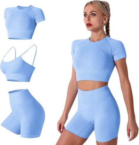 3PC Women Workout Sets Seamless Yoga Outfits Sports Bra Short Sleeve Crop Top with High Waisted Running Shorts Sets in Kuwait