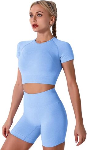 3PC Women Workout Sets Seamless Yoga Outfits Sports Bra Short Sleeve Crop Top with High Waisted Running Shorts Sets in Kuwait