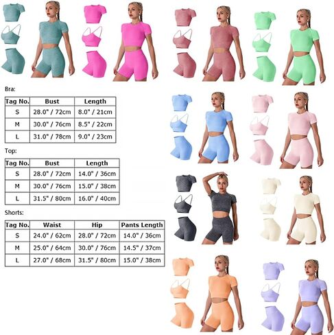 3PC Women Workout Sets Seamless Yoga Outfits Sports Bra Short Sleeve Crop Top with High Waisted Running Shorts Sets in Kuwait