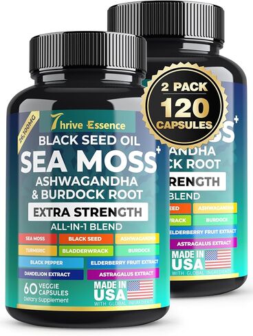 Sea Moss 12000mg Black Seed Oil 4000mg Ashwagandha 2000mg Turmeric 2000mg Bladderwrack 2000mg Burdock 2000mg with Black Pepper, Elderberry Dandelion Astragalus, All in 1 Supplements, 60 Capsules in Saudi Arabia
