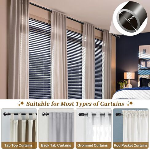 Bay Window Curtain Rods, U-shaped Curved Curtain Rods for Windows 59 to 184 Inches, Black 1 Inch Diameter Heavy Duty Curtain Rods for Bedroom, Living Room, Adjustable Renter Friendly Curtain Rods in Kuwait