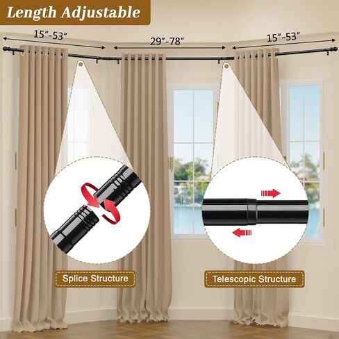 Bay Window Curtain Rods, U-shaped Curved Curtain Rods for Windows 59 to 184 Inches, Black 1 Inch Diameter Heavy Duty Curtain Rods for Bedroom, Living Room, Adjustable Renter Friendly Curtain Rods in Kuwait