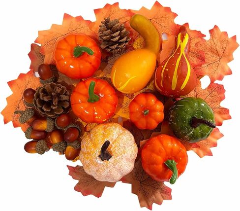 Thanksgiving Artificial Pumpkins, 50 PCS Mini Artificial Pumpkins with Maple Leaves, Pinecones, Acorns, Fall Harvest Decorating Set for Fall Wedding, Halloween, Thanksgiving Table Centerpiece in Saudi Arabia