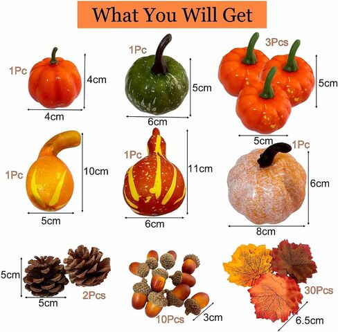 Thanksgiving Artificial Pumpkins, 50 PCS Mini Artificial Pumpkins with Maple Leaves, Pinecones, Acorns, Fall Harvest Decorating Set for Fall Wedding, Halloween, Thanksgiving Table Centerpiece in Saudi Arabia