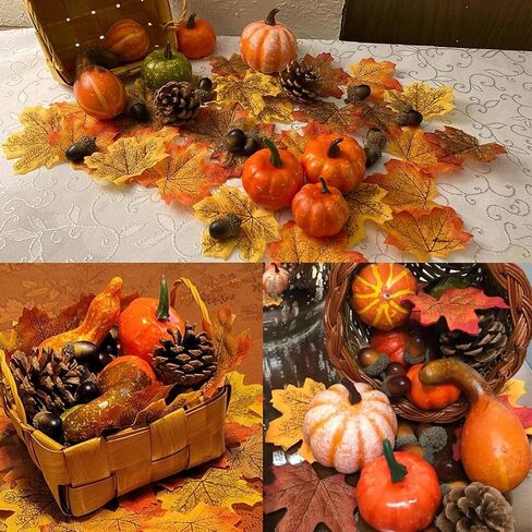 Thanksgiving Artificial Pumpkins, 50 PCS Mini Artificial Pumpkins with Maple Leaves, Pinecones, Acorns, Fall Harvest Decorating Set for Fall Wedding, Halloween, Thanksgiving Table Centerpiece in Saudi Arabia