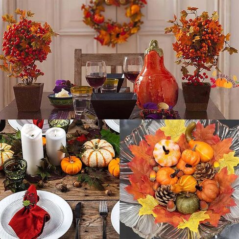 Thanksgiving Artificial Pumpkins, 50 PCS Mini Artificial Pumpkins with Maple Leaves, Pinecones, Acorns, Fall Harvest Decorating Set for Fall Wedding, Halloween, Thanksgiving Table Centerpiece in Saudi Arabia