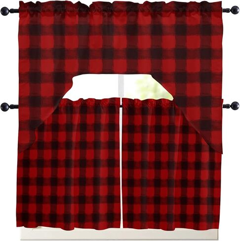 Red Black Plaid Swag Kitchen Curtain Sets with Valance,3 Pieces Rod Pocket Curtain Drapes for Bedroom Living Room Bathroom Cafe,Christmas Farmhouse Rustic Checkered 56''x36''&24''x27.5''x2Panels in Saudi Arabia