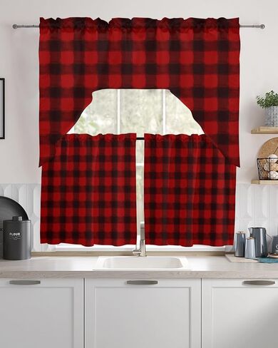 Red Black Plaid Swag Kitchen Curtain Sets with Valance,3 Pieces Rod Pocket Curtain Drapes for Bedroom Living Room Bathroom Cafe,Christmas Farmhouse Rustic Checkered 56''x36''&24''x27.5''x2Panels in Saudi Arabia