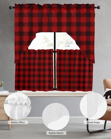 Red Black Plaid Swag Kitchen Curtain Sets with Valance,3 Pieces Rod Pocket Curtain Drapes for Bedroom Living Room Bathroom Cafe,Christmas Farmhouse Rustic Checkered 56''x36''&24''x27.5''x2Panels in Saudi Arabia