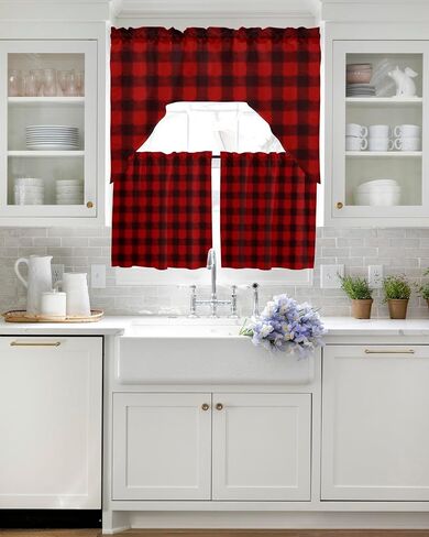 Red Black Plaid Swag Kitchen Curtain Sets with Valance,3 Pieces Rod Pocket Curtain Drapes for Bedroom Living Room Bathroom Cafe,Christmas Farmhouse Rustic Checkered 56''x36''&24''x27.5''x2Panels in Saudi Arabia