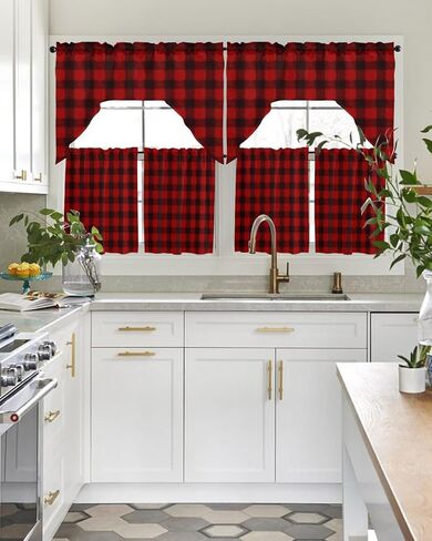 Red Black Plaid Swag Kitchen Curtain Sets with Valance,3 Pieces Rod Pocket Curtain Drapes for Bedroom Living Room Bathroom Cafe,Christmas Farmhouse Rustic Checkered 56''x36''&24''x27.5''x2Panels in Saudi Arabia