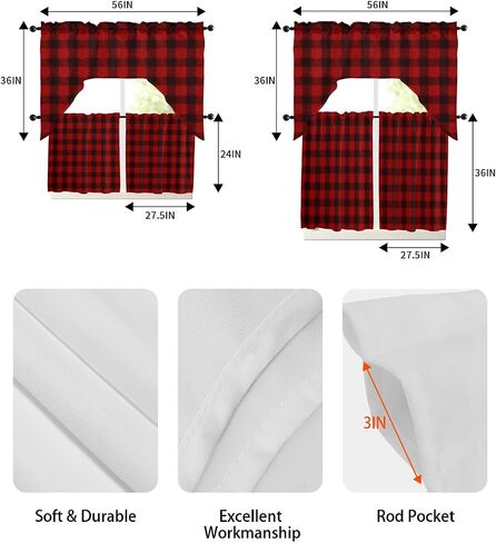 Red Black Plaid Swag Kitchen Curtain Sets with Valance,3 Pieces Rod Pocket Curtain Drapes for Bedroom Living Room Bathroom Cafe,Christmas Farmhouse Rustic Checkered 56''x36''&24''x27.5''x2Panels in Saudi Arabia