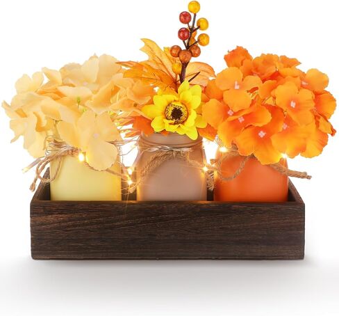 Hushee 7 قطع من جرة ماسون الخريفية لطاولة عيد الشكر الخشبية مع 3 برطمانات ميسون من أوراق القيقب وفرع زهرة مزرعة ريفية لتزيين طاولة خشبية مركزية لغرفة الطعام وغرفة المعيشة، بني in Kuwait