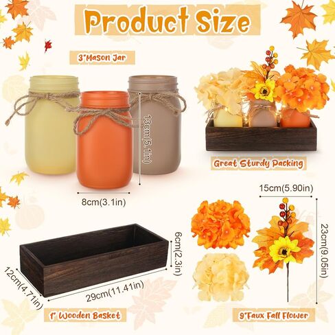 Hushee 7 قطع من جرة ماسون الخريفية لطاولة عيد الشكر الخشبية مع 3 برطمانات ميسون من أوراق القيقب وفرع زهرة مزرعة ريفية لتزيين طاولة خشبية مركزية لغرفة الطعام وغرفة المعيشة، بني in Kuwait