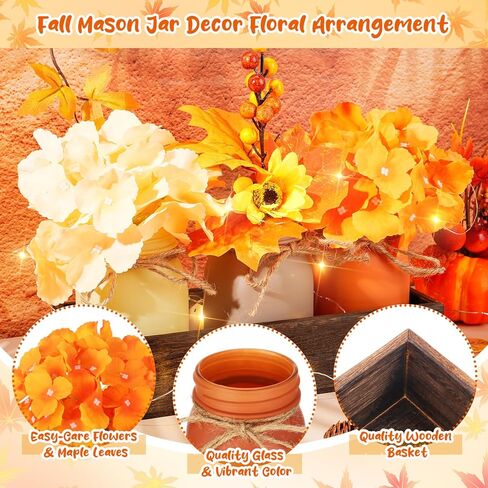 Hushee 7 قطع من جرة ماسون الخريفية لطاولة عيد الشكر الخشبية مع 3 برطمانات ميسون من أوراق القيقب وفرع زهرة مزرعة ريفية لتزيين طاولة خشبية مركزية لغرفة الطعام وغرفة المعيشة، بني in Kuwait