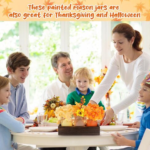 Hushee 7 قطع من جرة ماسون الخريفية لطاولة عيد الشكر الخشبية مع 3 برطمانات ميسون من أوراق القيقب وفرع زهرة مزرعة ريفية لتزيين طاولة خشبية مركزية لغرفة الطعام وغرفة المعيشة، بني in Kuwait