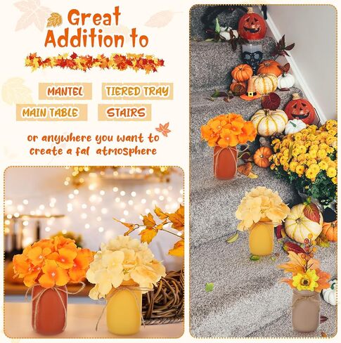 Hushee 7 قطع من جرة ماسون الخريفية لطاولة عيد الشكر الخشبية مع 3 برطمانات ميسون من أوراق القيقب وفرع زهرة مزرعة ريفية لتزيين طاولة خشبية مركزية لغرفة الطعام وغرفة المعيشة، بني in Kuwait