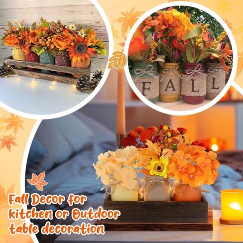 Hushee 7 قطع من جرة ماسون الخريفية لطاولة عيد الشكر الخشبية مع 3 برطمانات ميسون من أوراق القيقب وفرع زهرة مزرعة ريفية لتزيين طاولة خشبية مركزية لغرفة الطعام وغرفة المعيشة، بني in Kuwait