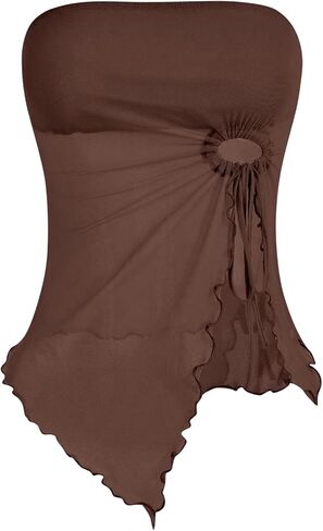 SOLY HUX Women's Mesh Drawstring Split Tube Top Strapless Sleeveless Asymmetrical Hem Summer Tops in Saudi Arabia