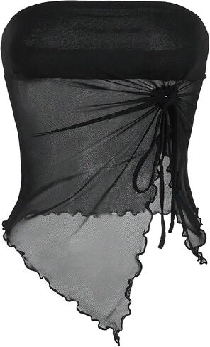 SOLY HUX Women's Mesh Drawstring Split Tube Top Strapless Sleeveless Asymmetrical Hem Summer Tops in Saudi Arabia