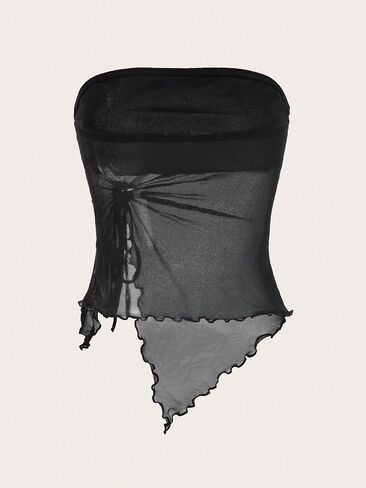 SOLY HUX Women's Mesh Drawstring Split Tube Top Strapless Sleeveless Asymmetrical Hem Summer Tops in Saudi Arabia