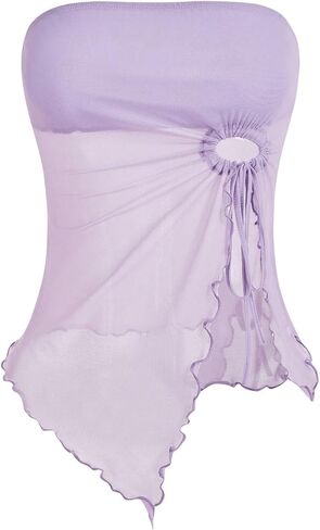 SOLY HUX Women's Mesh Drawstring Split Tube Top Strapless Sleeveless Asymmetrical Hem Summer Tops in Saudi Arabia
