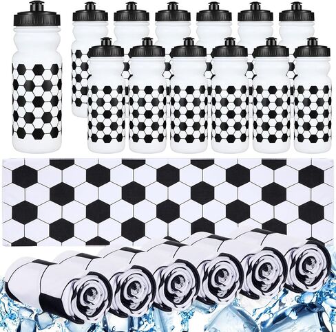 24 Pcs Soccer Party Favors Including 12 Pcs 20 oz Plastic Soccer Water Bottles Bulk 12 Pcs 40"x12" Soccer Cooling Towels Breathable Towel for Soccer Team Gift in Saudi Arabia
