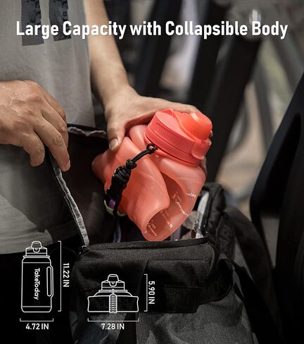 زجاجات مياه قابلة للطي بسعة 68 أونصة مع مصاصة، زجاجة مياه نصف جالون مع علامة وقت تحفيزية، إبريق ماء كبير من السيليكون قابل لإعادة الاستخدام مع مقبض باراكورد للرياضة، في الهواء الطلق (أسود) in Kuwait