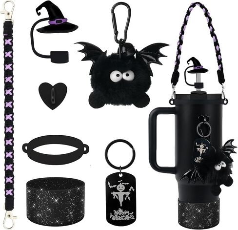 BELSITA Halloween Stanley Cup Accessories Set, Black Devil Brid Witch Hat Straw Cap Straw Cap Water Bottle Handle Strap, Silicone Stanley Cup Boot, Stanley Charms for Stanley Cup 30/40oz Tumble in Kuwait