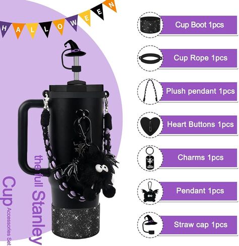 BELSITA Halloween Stanley Cup Accessories Set, Black Devil Brid Witch Hat Straw Cap Straw Cap Water Bottle Handle Strap, Silicone Stanley Cup Boot, Stanley Charms for Stanley Cup 30/40oz Tumble in Kuwait