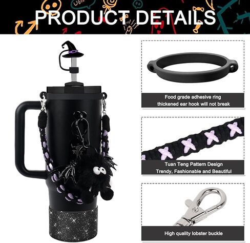 BELSITA Halloween Stanley Cup Accessories Set, Black Devil Brid Witch Hat Straw Cap Straw Cap Water Bottle Handle Strap, Silicone Stanley Cup Boot, Stanley Charms for Stanley Cup 30/40oz Tumble in Kuwait