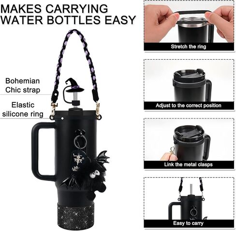 BELSITA Halloween Stanley Cup Accessories Set, Black Devil Brid Witch Hat Straw Cap Straw Cap Water Bottle Handle Strap, Silicone Stanley Cup Boot, Stanley Charms for Stanley Cup 30/40oz Tumble in Kuwait