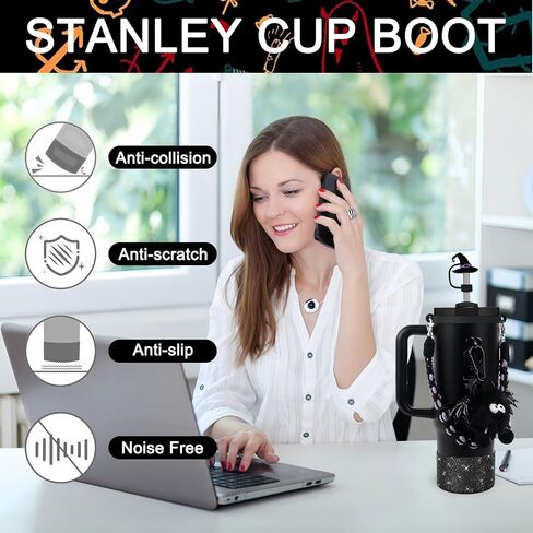 BELSITA Halloween Stanley Cup Accessories Set, Black Devil Brid Witch Hat Straw Cap Straw Cap Water Bottle Handle Strap, Silicone Stanley Cup Boot, Stanley Charms for Stanley Cup 30/40oz Tumble in Kuwait
