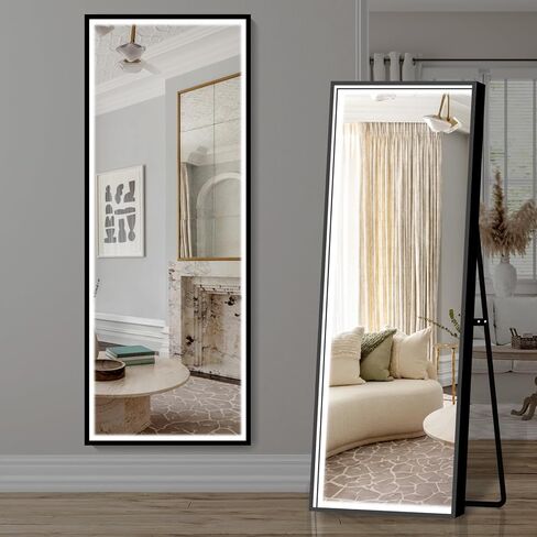 PexFix 63 بوصة × 16 بوصة LED مستطيلة كاملة الطول مرآة أرضية واقفة، مرآة تزيين الجسم بالكامل، مرآة معلقة على الحائط لغرفة النوم، أسود in Kuwait