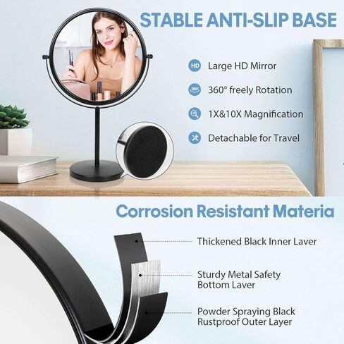 15" Tall Tabletop Makeup Mirror with Magnification 8" Large Free Standing Vanity Mirror 1X/10X Magnifying Mirror with Stand,Classic Round Desktop Make Up Mirror for Bathroom Bedroom,No Light in Saudi Arabia