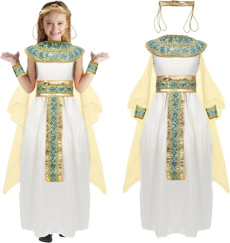 Girls Cleopatra Costume Kids Egyptian Costume Dress Cape Belt Collar Headpiece Wrist Cuffs Egyptian Outfit 4-12 Years in Kuwait