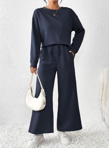 YIJIU Women's Casual 2 Piece Outfits Lounge Sets Long Sleeve Pullover Tops and Drawstring Wide Leg Pants Sweatsuit Tracksuit in Saudi Arabia