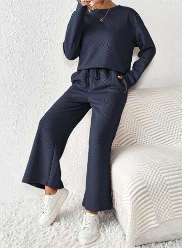 YIJIU Women's Casual 2 Piece Outfits Lounge Sets Long Sleeve Pullover Tops and Drawstring Wide Leg Pants Sweatsuit Tracksuit in Saudi Arabia
