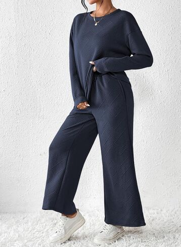 YIJIU Women's Casual 2 Piece Outfits Lounge Sets Long Sleeve Pullover Tops and Drawstring Wide Leg Pants Sweatsuit Tracksuit in Saudi Arabia