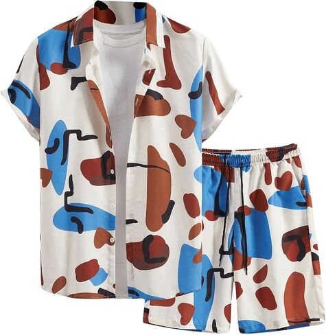 GORGLITTER Men's 2 Piece Outfits Graphic Printed Short Sleeve Button Down Shirt Drawstring Waist Shorts Set in Saudi Arabia