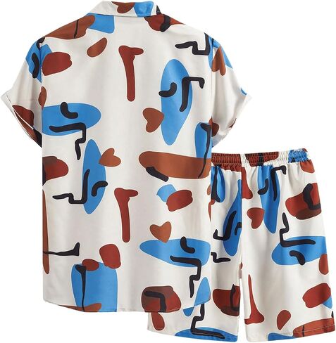 GORGLITTER Men's 2 Piece Outfits Graphic Printed Short Sleeve Button Down Shirt Drawstring Waist Shorts Set in Saudi Arabia