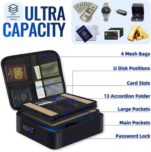 Fireproof Document Box w/Lock & Reflective Strip, Fireproof Waterproof Document Organizer, Safe Bag for Important File Storage, Portable for Travel, for Tax Files, Paper, Certificates(Silver) in Saudi Arabia
