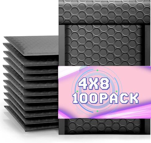 100 قطعة من أظرف الفقاعات البلاستيكية مقاس 4 × 8 بوصة، مظاريف مقاومة للماء، أكياس مظاريف الشحن، مظاريف فقاعات مبطنة سوداء للشحن/التعبئة/البريد ذاتي الختم - أسود in Kuwait