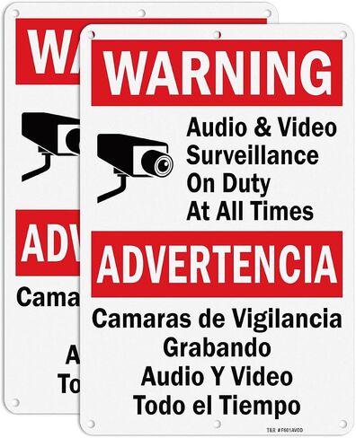 T&R Video Surveillance Signs - Bilingual - 2 Pack - 12 x 8 Inches Rust Free .040 Aluminum - Reflective, UV Protected, Waterproof, Weatherproof and Fade Resistant - 6 Pre-drilled Holes in Kuwait