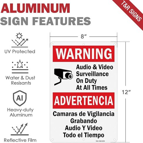 T&R Video Surveillance Signs - Bilingual - 2 Pack - 12 x 8 Inches Rust Free .040 Aluminum - Reflective, UV Protected, Waterproof, Weatherproof and Fade Resistant - 6 Pre-drilled Holes in Kuwait