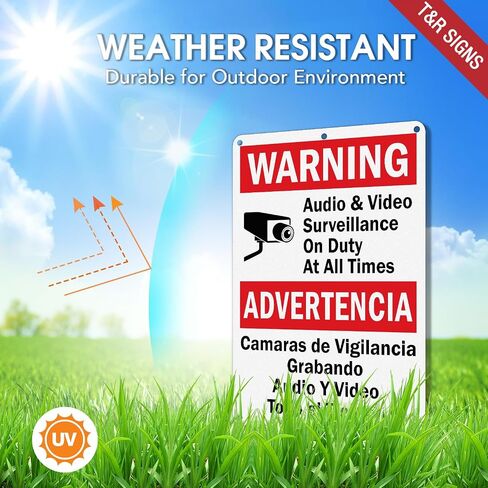 T&R Video Surveillance Signs - Bilingual - 2 Pack - 12 x 8 Inches Rust Free .040 Aluminum - Reflective, UV Protected, Waterproof, Weatherproof and Fade Resistant - 6 Pre-drilled Holes in Kuwait