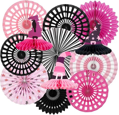 Halloween Party Decoration Purple Black Witch Theme Hanging Paper Fans Witch's Hat Honeycomb Hanging Tissue Paper Fans for Girls Halloween Party Decoration in Kuwait