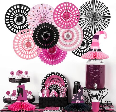 Halloween Party Decoration Purple Black Witch Theme Hanging Paper Fans Witch's Hat Honeycomb Hanging Tissue Paper Fans for Girls Halloween Party Decoration in Kuwait