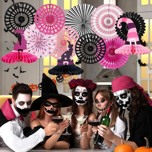 Halloween Party Decoration Purple Black Witch Theme Hanging Paper Fans Witch's Hat Honeycomb Hanging Tissue Paper Fans for Girls Halloween Party Decoration in Kuwait