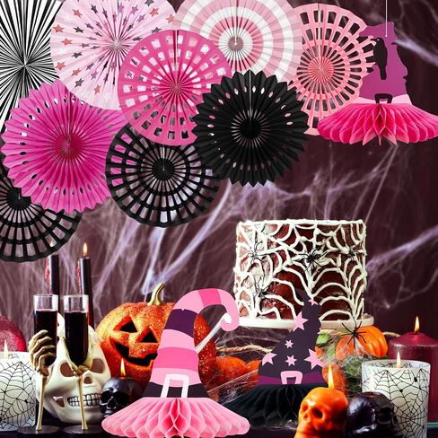 Halloween Party Decoration Purple Black Witch Theme Hanging Paper Fans Witch's Hat Honeycomb Hanging Tissue Paper Fans for Girls Halloween Party Decoration in Kuwait